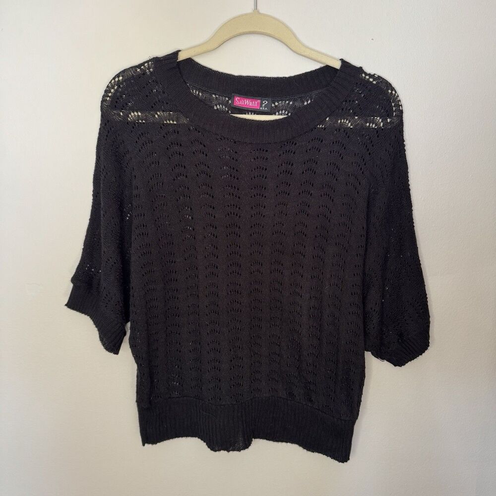 Black Crochet Sheer Top Womens Large Boho Festival Y2K Hippie Fairy Say What
